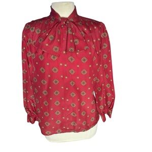 Vintage 80’s Koret Red Patterened Blouse with Bow-Tie Neckline